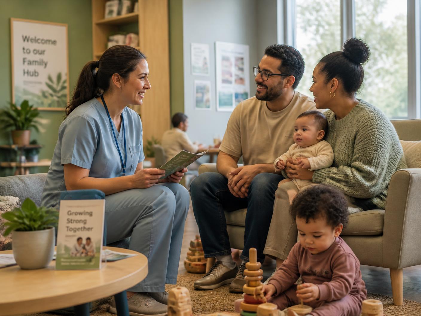 A health visitor talking with parents holding their baby while a toddler plays with wooden toys at a family hub